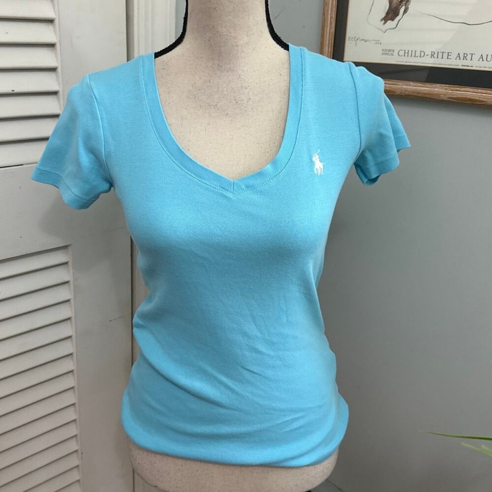 Vintage Ralph Lauren Sport Top Womens Small Blue Fitted Tee Retro Y2K Deep VNeck
